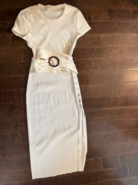 Ribbed Cream Short Sleeve Belted Midi Matching Set